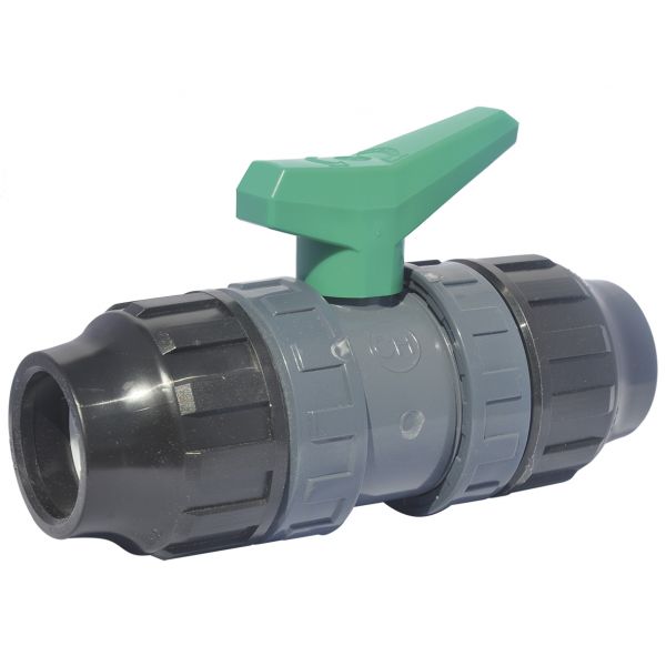 2 WAY BALL VALVE DOUBLE UNION THREAD GREEN HANDLE WITH P.P. PRESSURE FITTINGS FOR PE PIPES, EPDM